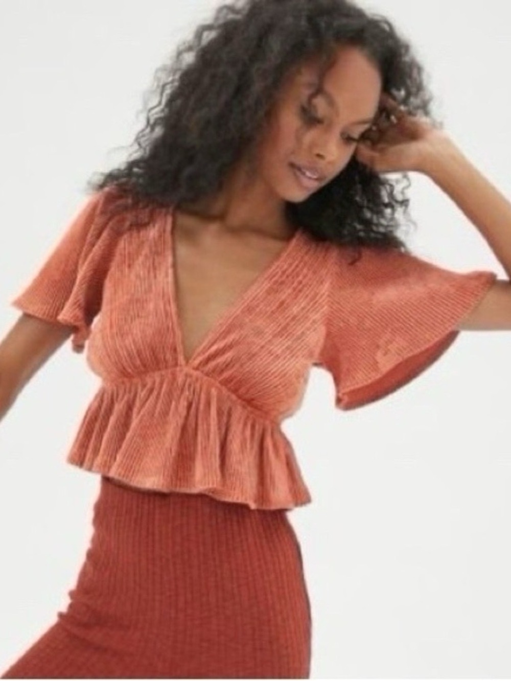 Urban Outfitters Small Orange Velvet Ribbed V-Neck Cropped Smitten Peplum Top